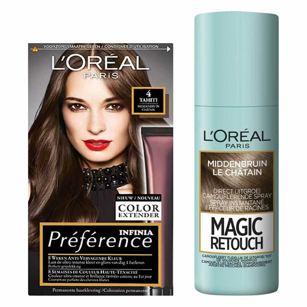 L'Oreal Lu0027Oréal Preference Haarkleuring 04 Tahiti - Middenbruin + Magic Retouch Uitgroeispray Middenbruin 75 Ml Pakket