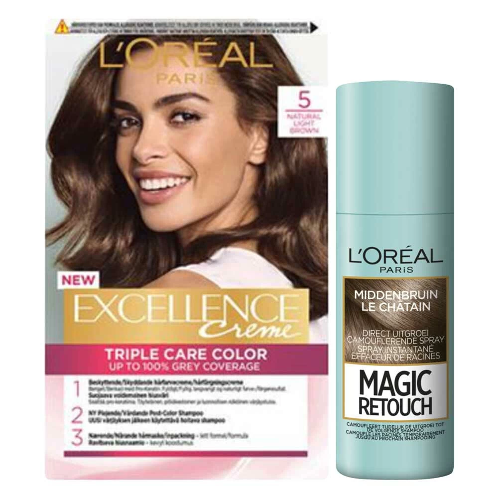 L'Oreal Lu0027Oréal Excellence Creme 5 Lichtbruin + Magic Retouch Uitgroeispray Middenbruin 75 Ml Pakket