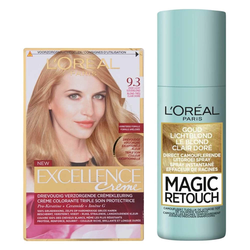 L'Oreal Lu0027Oréal Excellence Creme 9.3 Zeer Licht Goudblond + Magic Retouch Uitgroeispray Blond 75 Ml Pakket